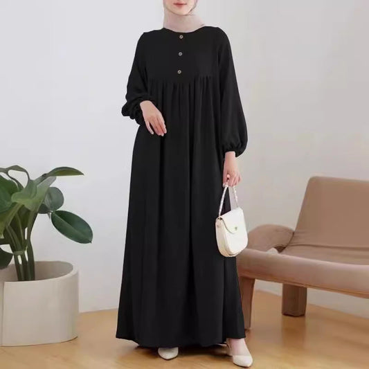 Women's Bubble Sleeves Loose Plain Modest Dress