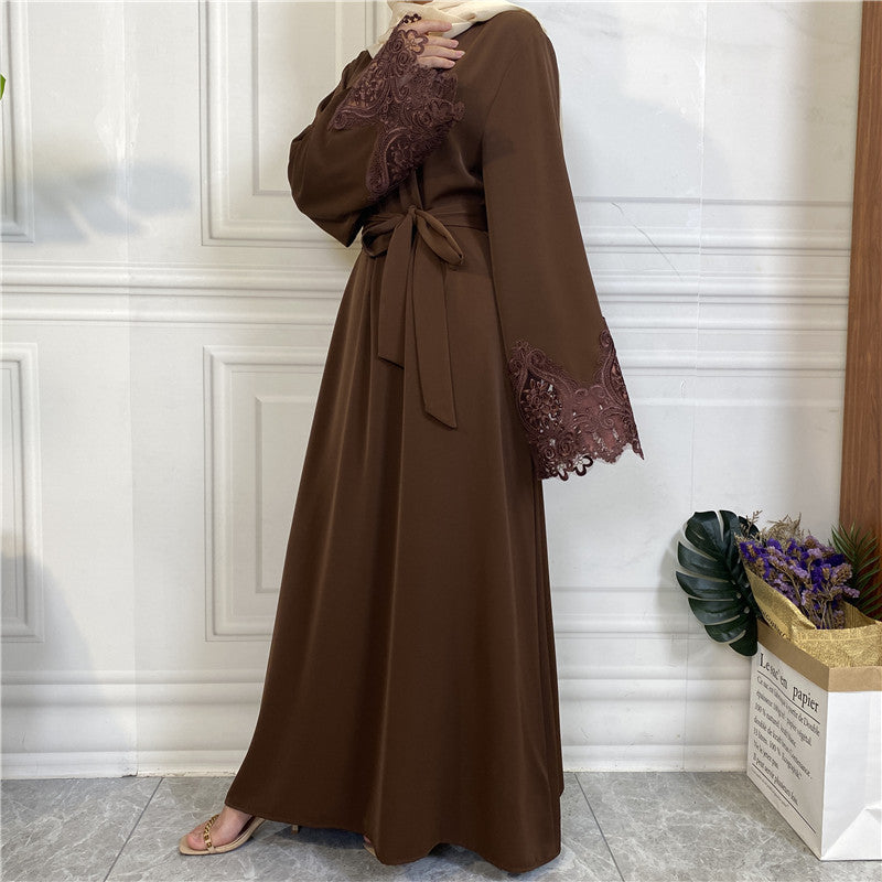 Modest Plain Floral Lace Zip-up Abaya Dress