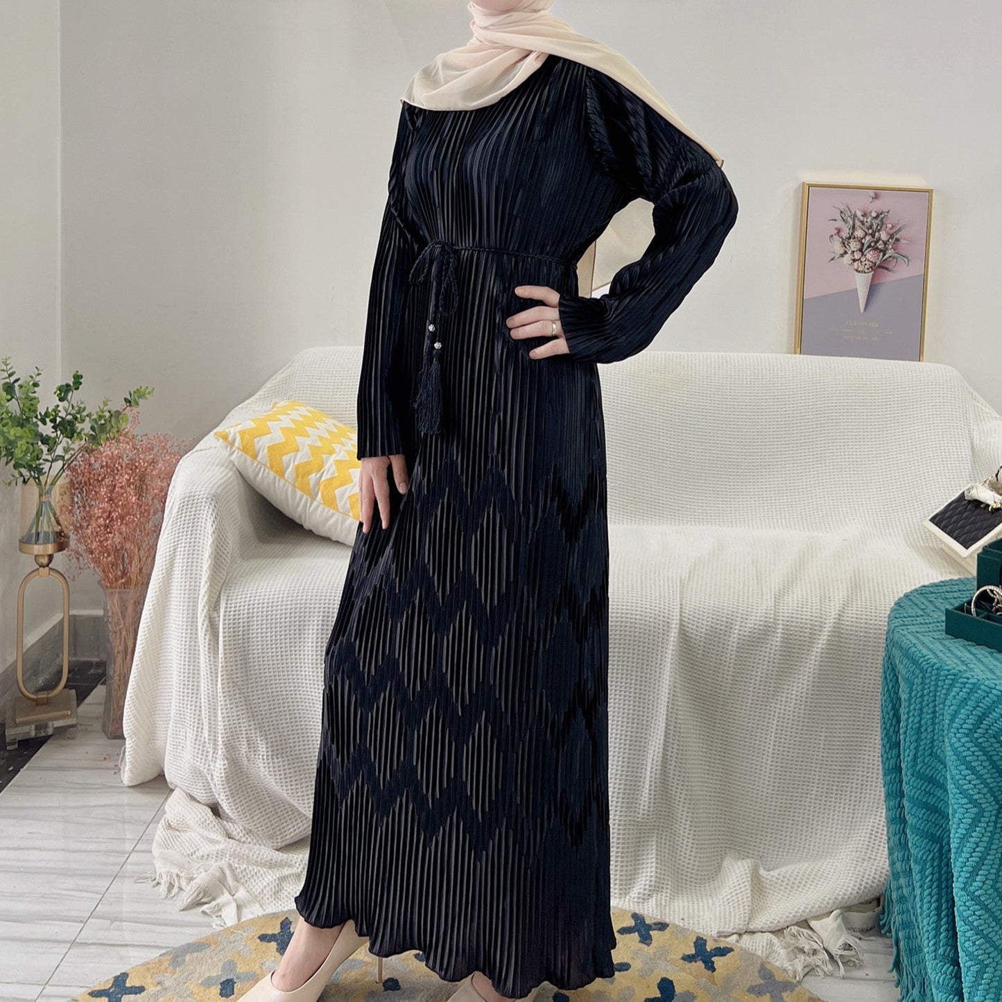 Women's Plain Pleated  Abaya Dress