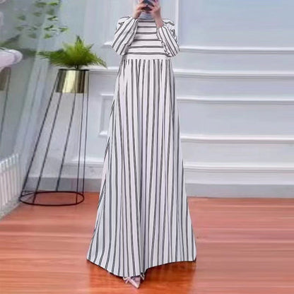 Women's Striped Loose Round Neck Long Sleeved Dress