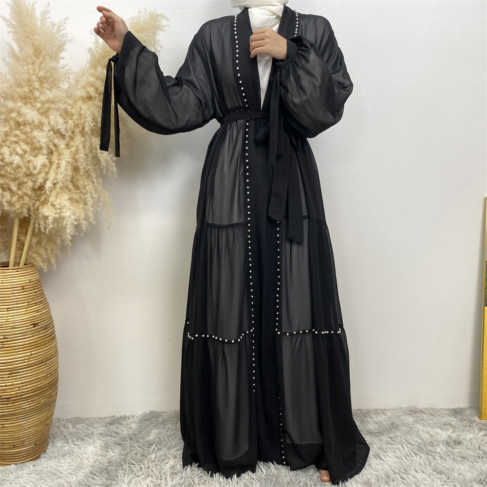 Plain Beaded Strappy Chiffon Robe Dress