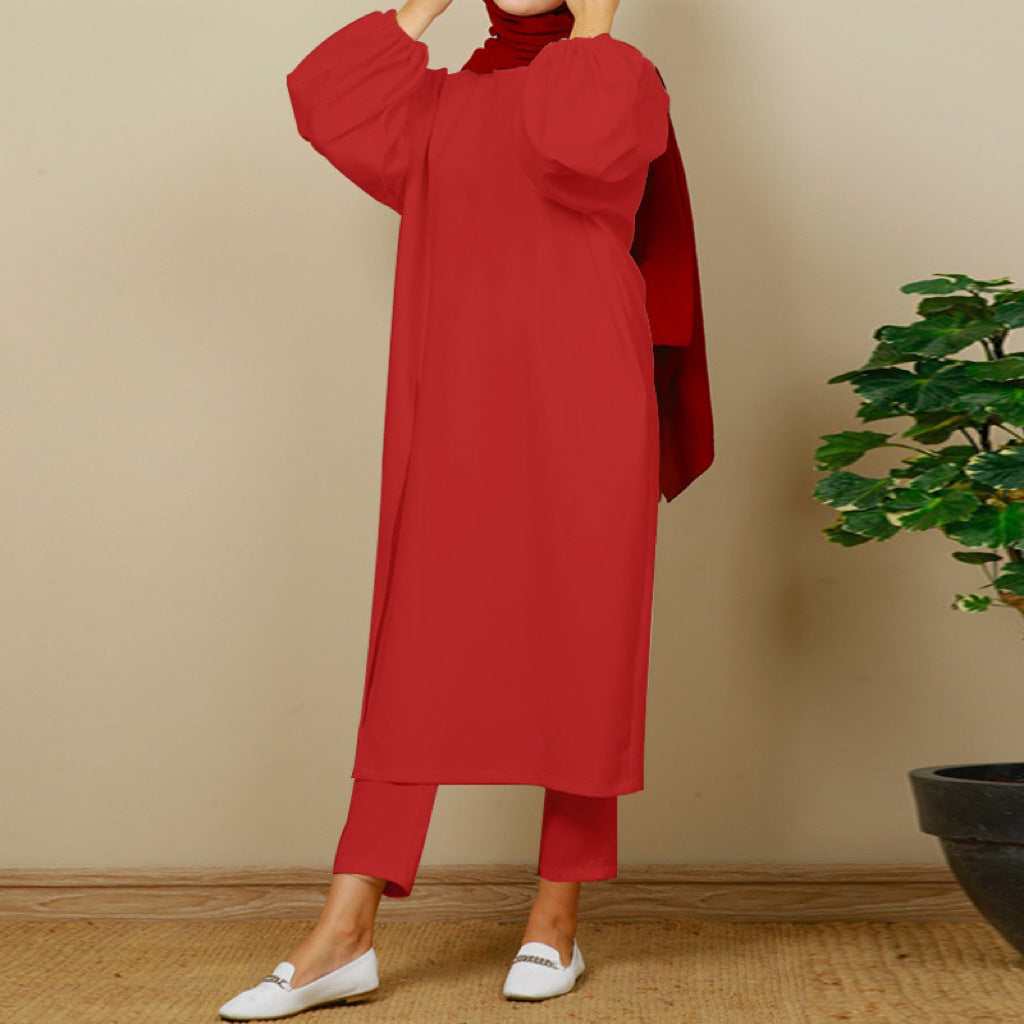 Plain Long-sleeved Crewneck Trouser Sets