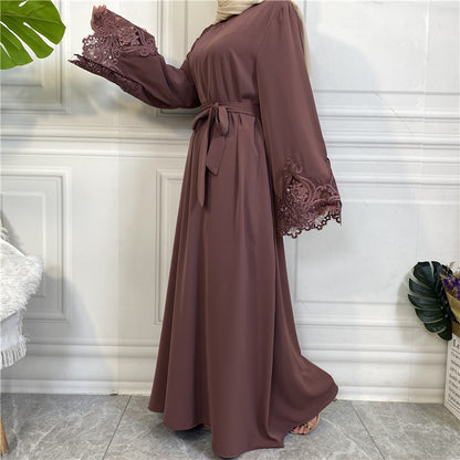 Modest Plain Floral Lace Zip-up Abaya Dress