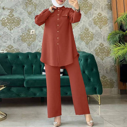 Plain Long-sleeved Shirt Trousers Two-piece Set