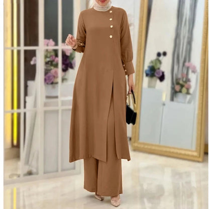 Womens Chic Two Piece Set Long Shirt with Side Slit Wide Leg Pants