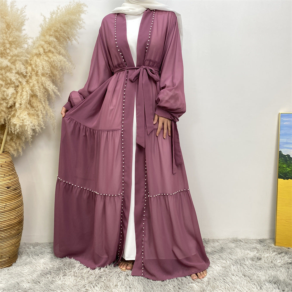 Plain Beaded Strappy Chiffon Robe Dress