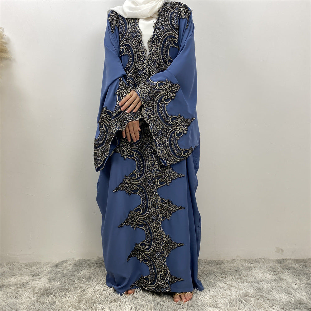 Lace Patchwork Batwing Sleeve Robe Open Abaya