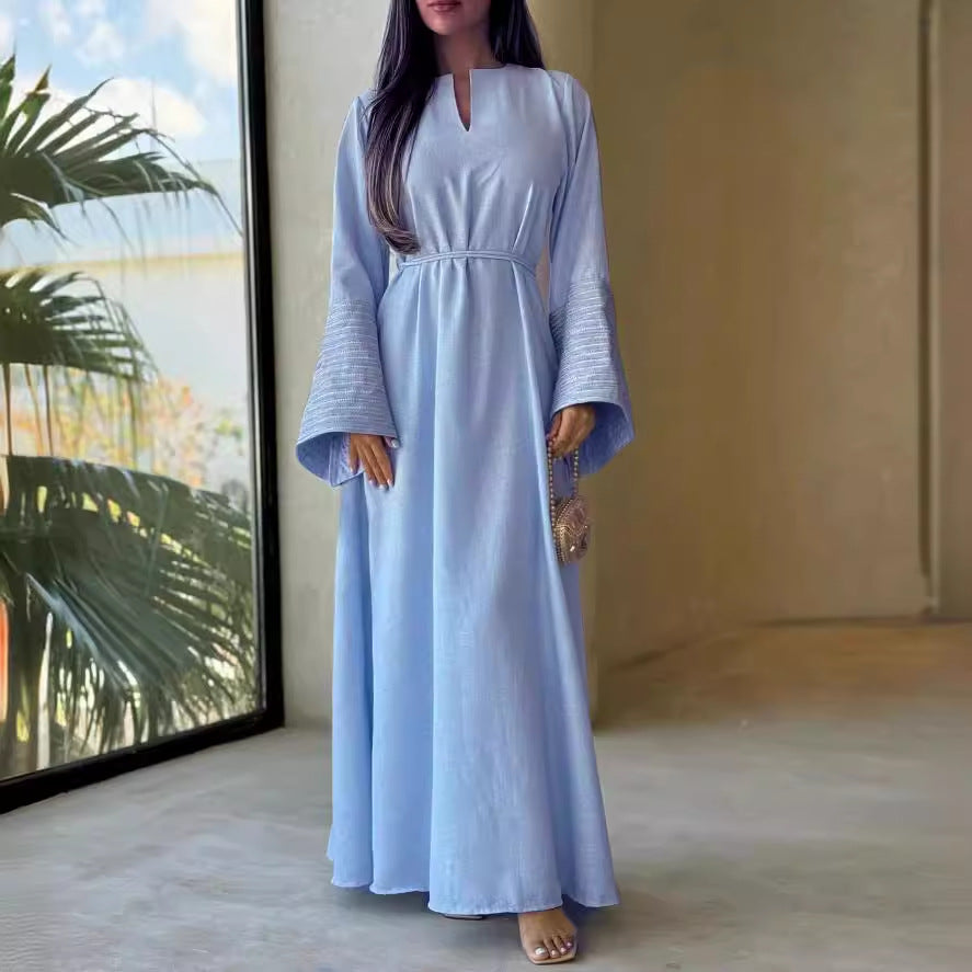 Modest Embroidery Elegant Abaya Dress - LightBlue