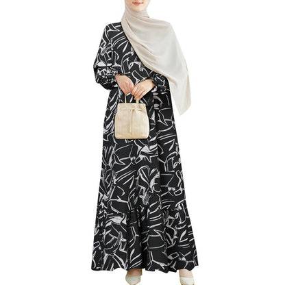 Women's Geometric Print Ruffle Abaya Dress