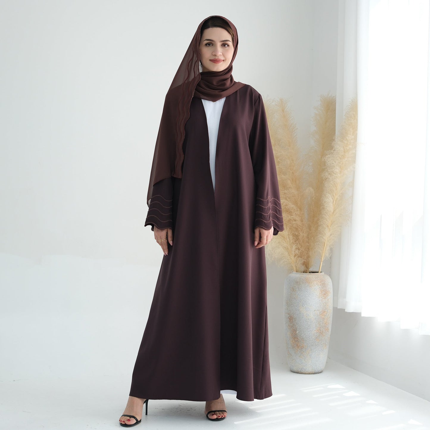 Women's Plain Embroidered Robe Open Abaya