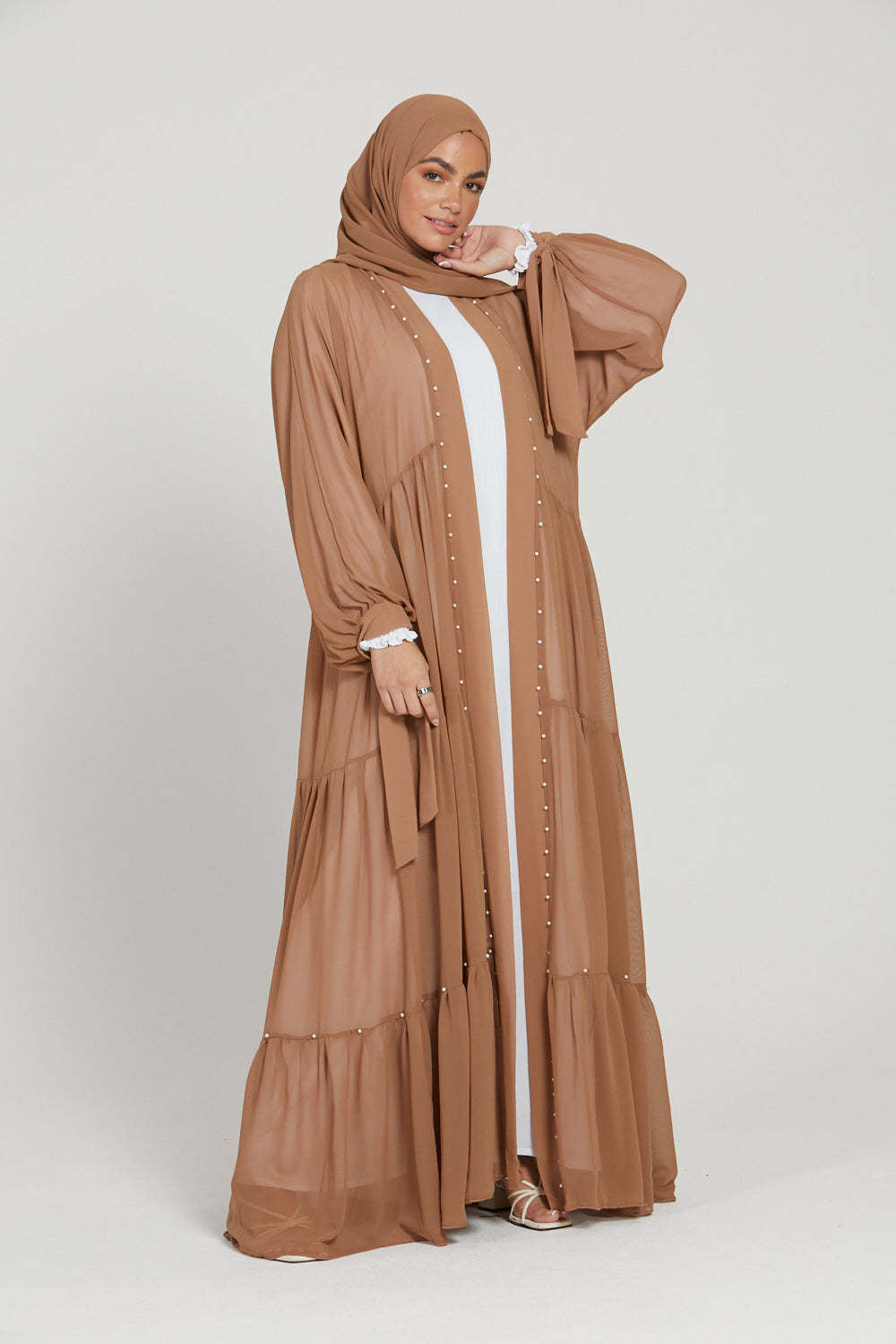 Plain Beaded Strappy Chiffon Robe Dress