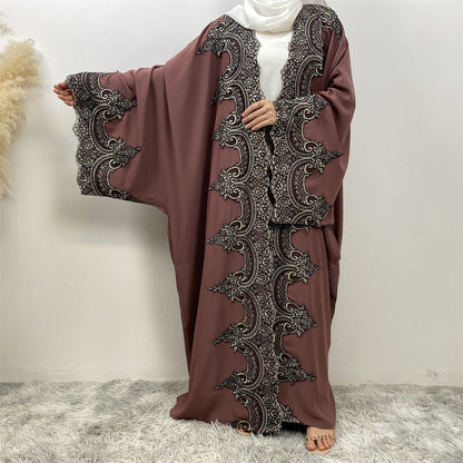 Lace Patchwork Batwing Sleeve Robe Open Abaya