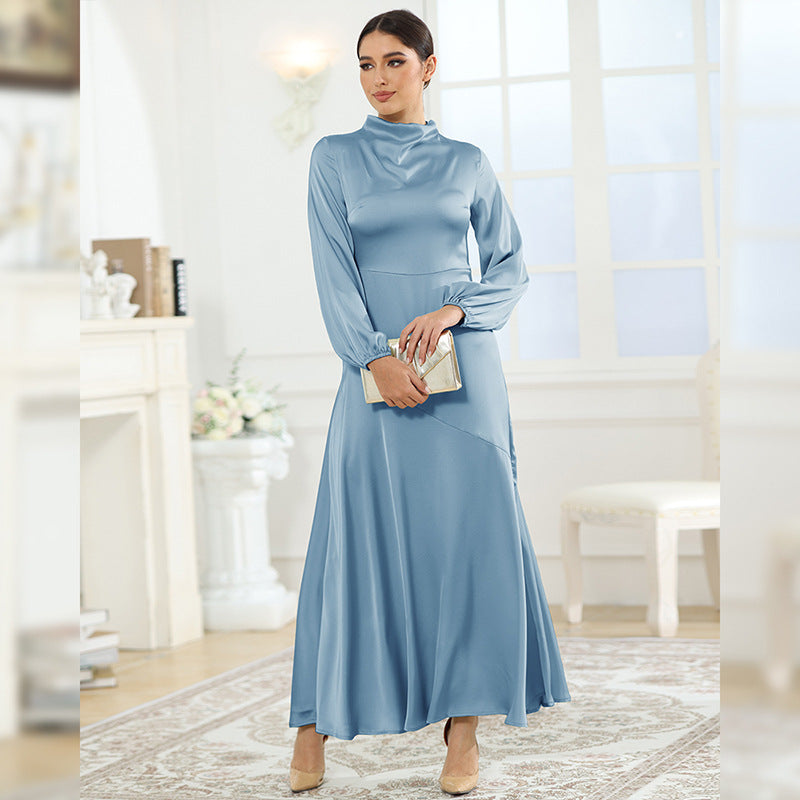 Modest High Neck Long Sleeve Satin Maxi Dress