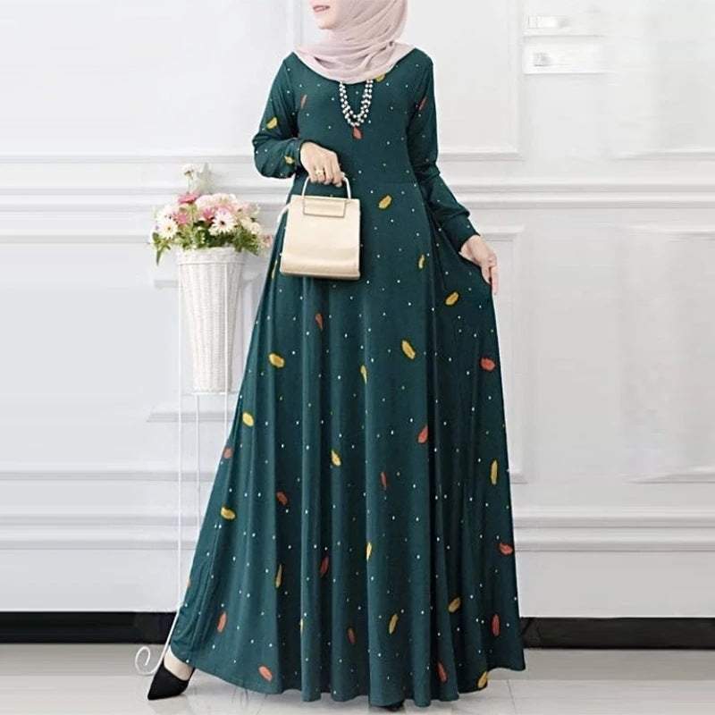 Women's Elegant Floral Polka Dot Modest Dress