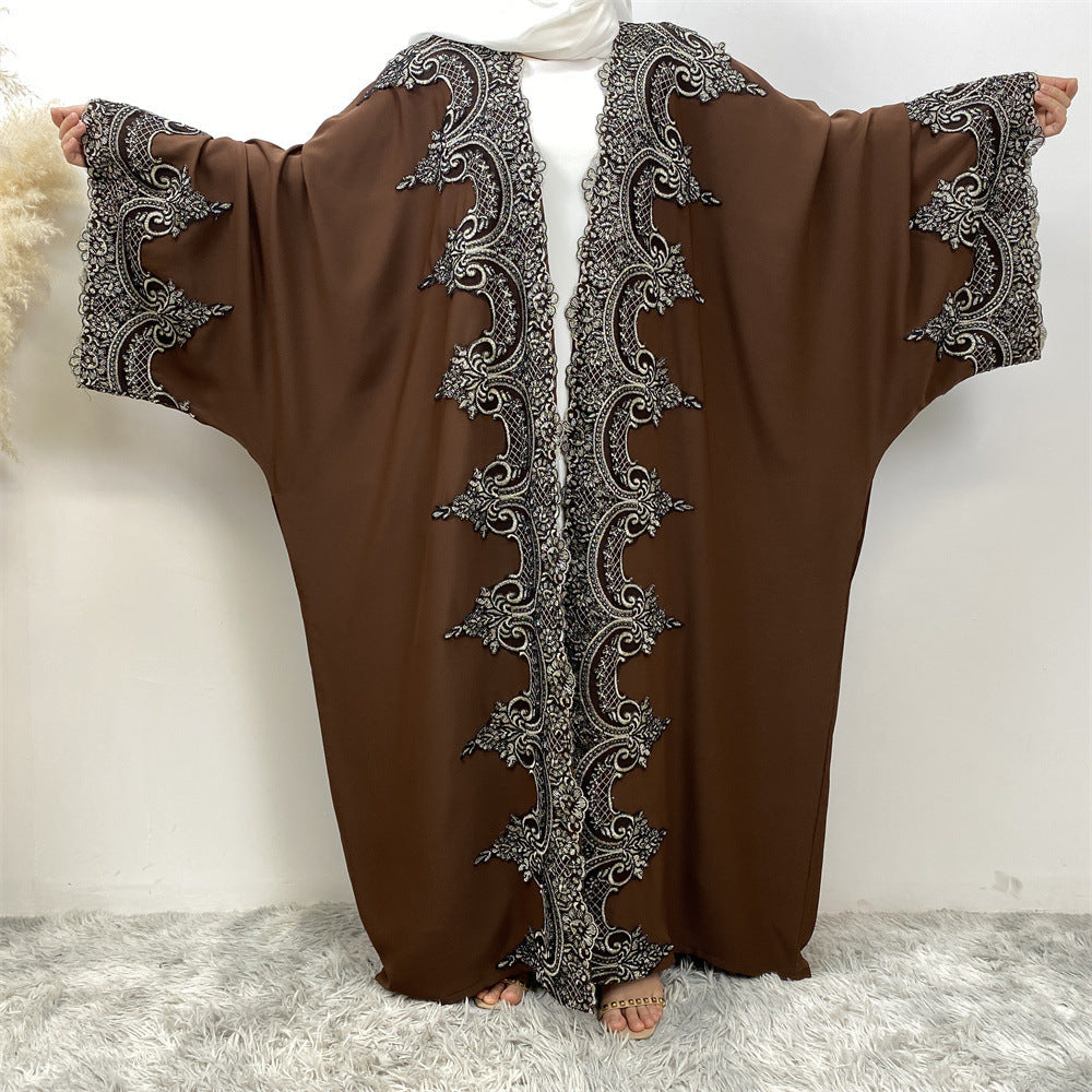 Lace Patchwork Batwing Sleeve Robe Open Abaya