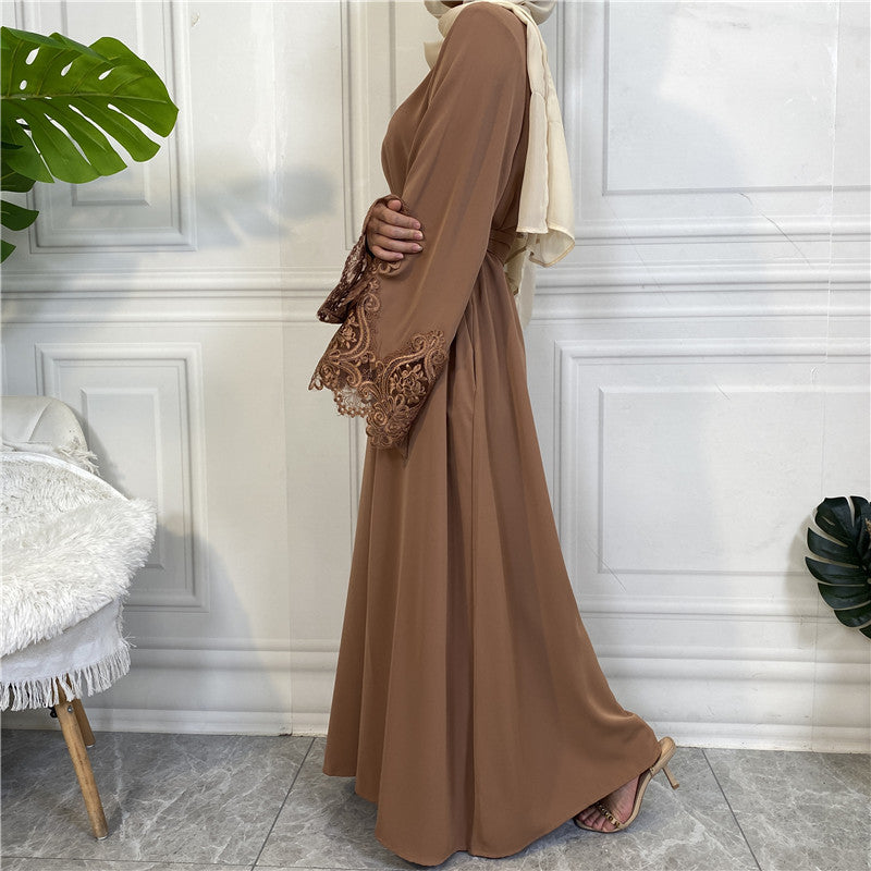 Modest Plain Floral Lace Zip-up Abaya Dress