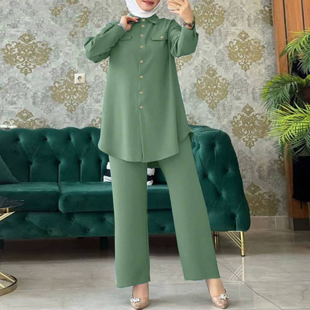 Plain Long-sleeved Shirt Trousers Two-piece Set