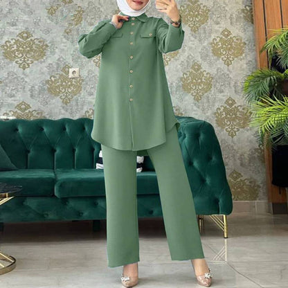 Plain Long-sleeved Shirt Trousers Two-piece Set