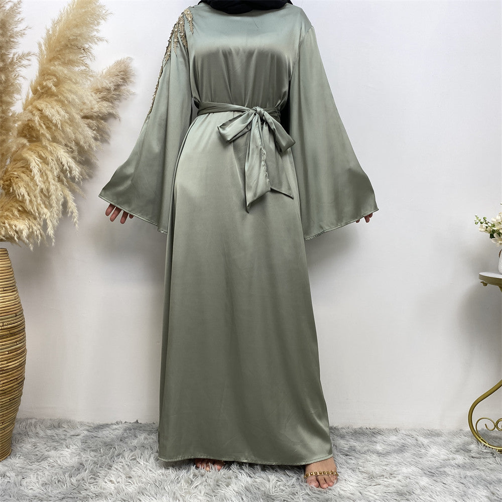 Elegant Pearl-Embellished Patchwork Modest Abaya Dress