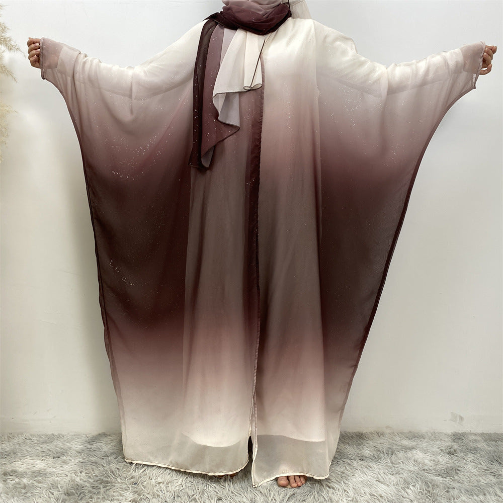 Gradient Bat Sleeve Robe Dress Sets with Hijab