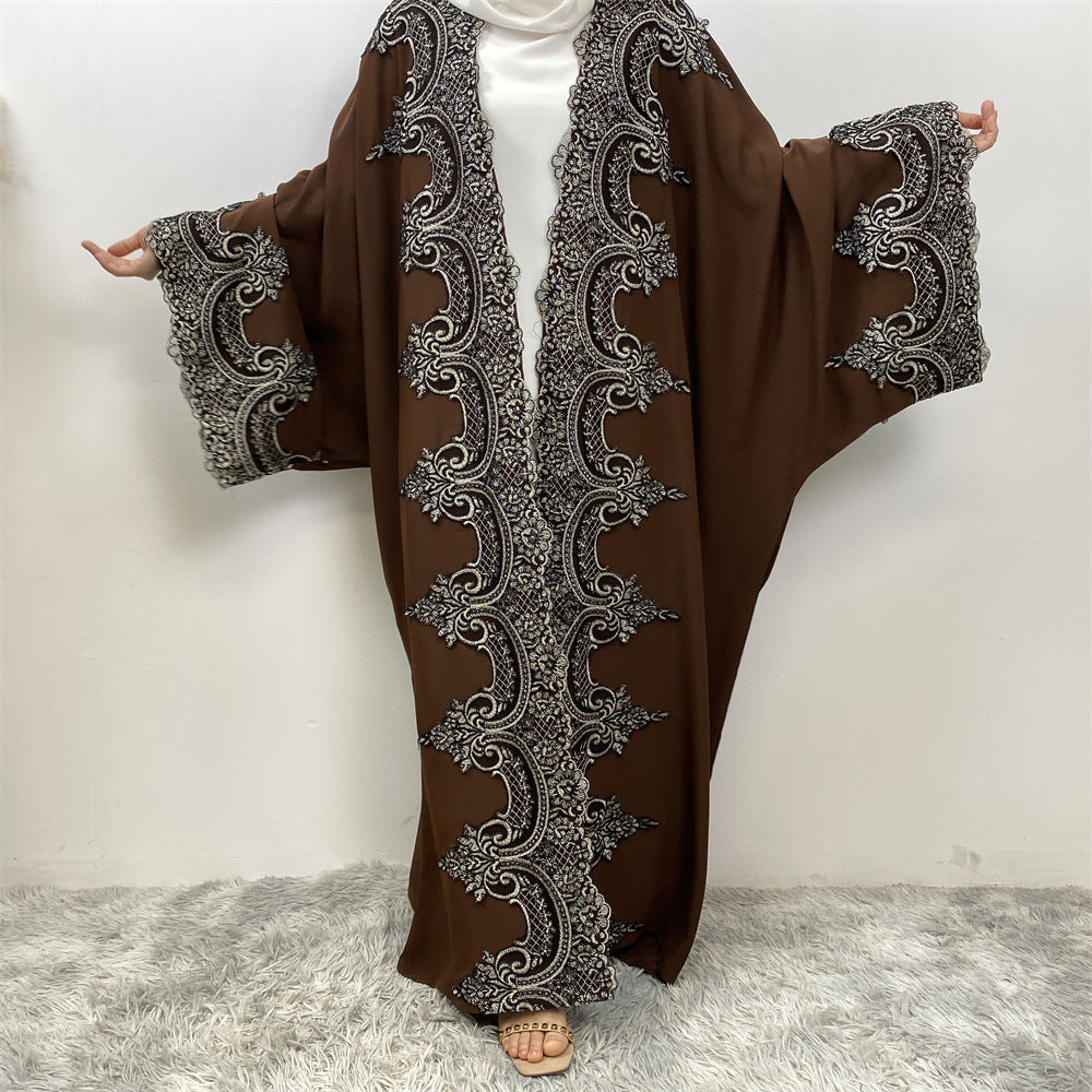 Lace Patchwork Batwing Sleeve Robe Open Abaya