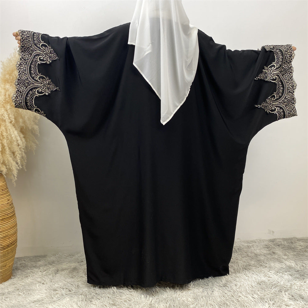 Lace Patchwork Batwing Sleeve Robe Open Abaya