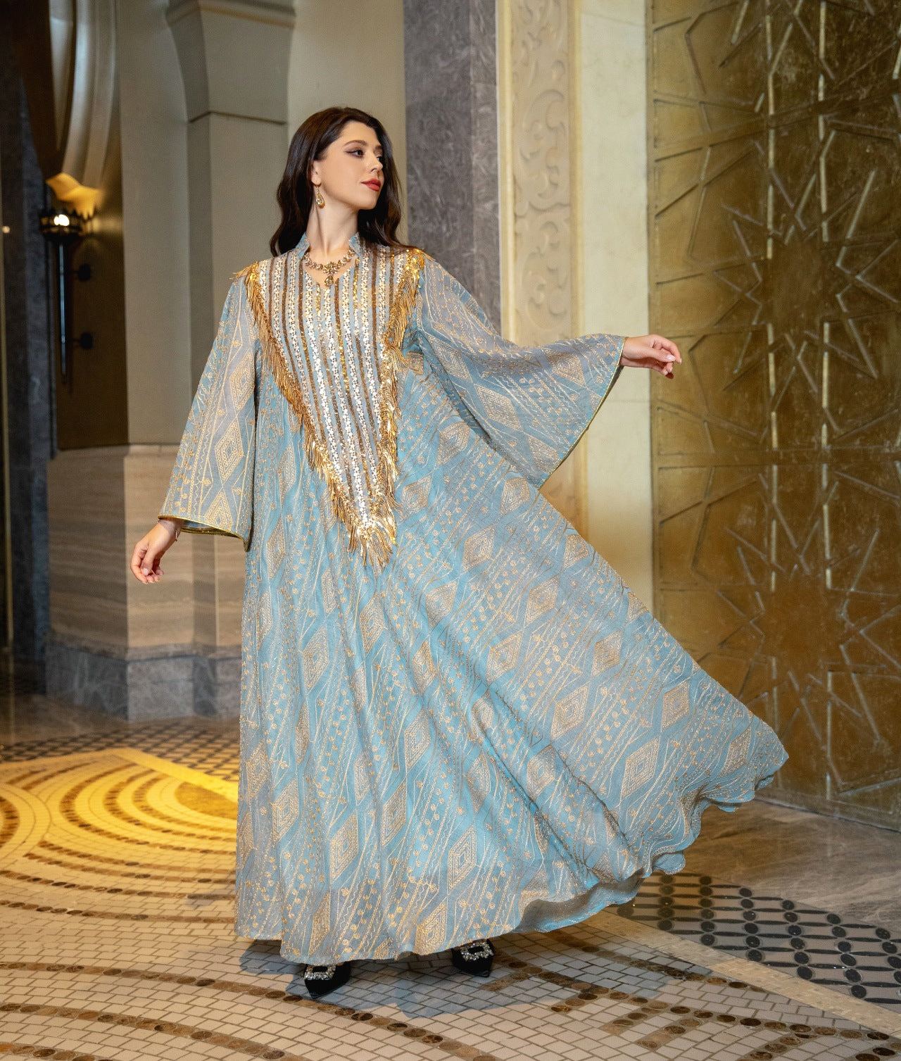 Holy Flared Sleeves Wide Dress - SkyBlue