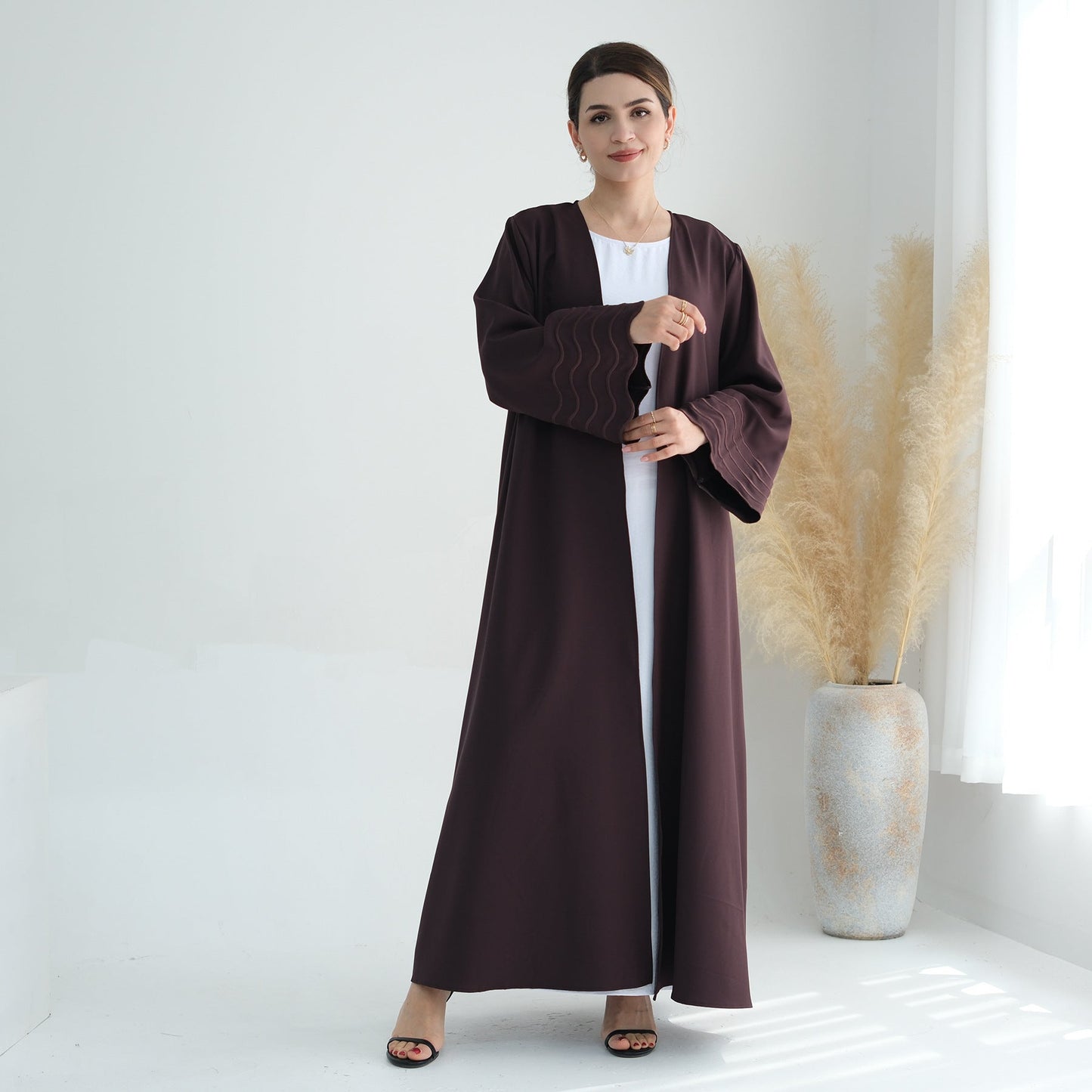 Women's Plain Embroidered Robe Open Abaya