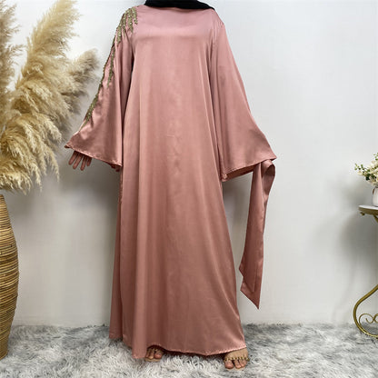 Elegant Pearl-Embellished Patchwork Modest Abaya Dress