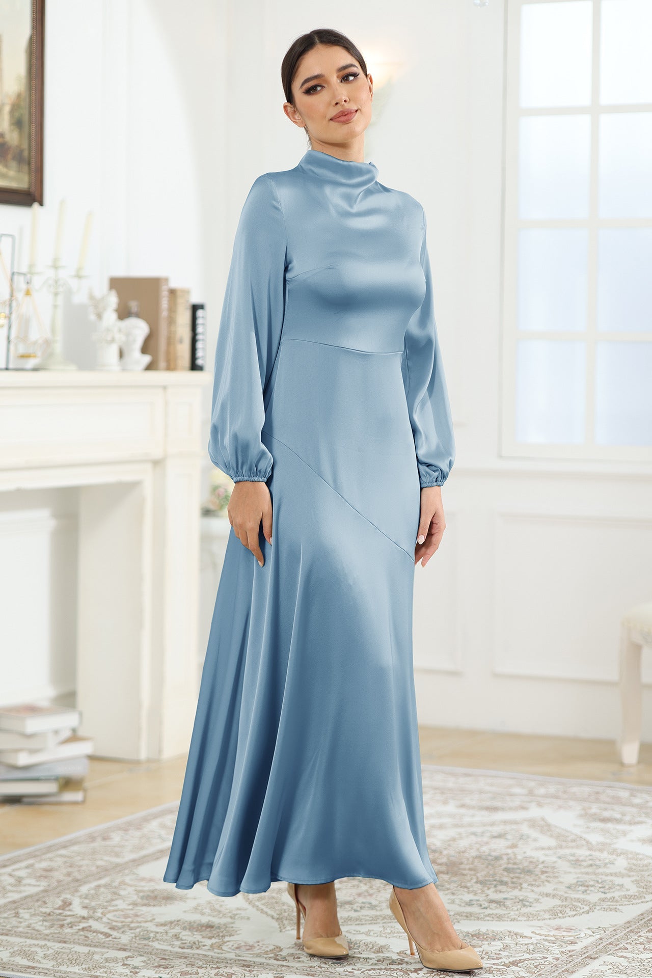 Modest High Neck Long Sleeve Satin Maxi Dress