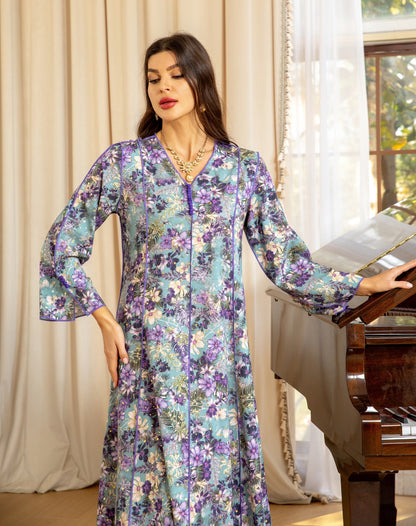 Elegant Floral Muslim Dress - Purple