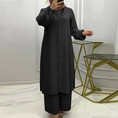 Casual Buttoned Long Sleeve Elastic Cuff Pants Suit Set