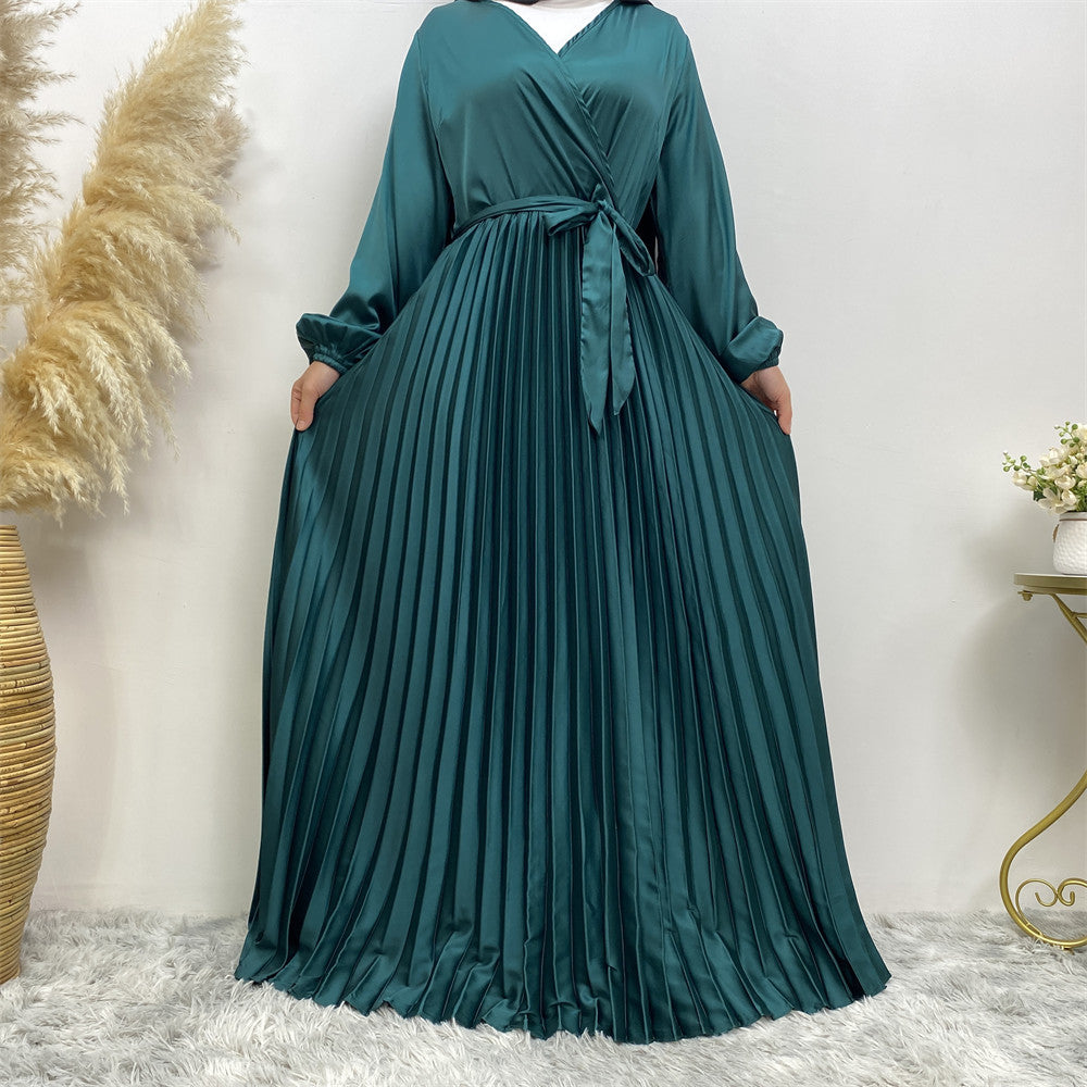 Modest V-neck Patchwork Pleated Long Dress