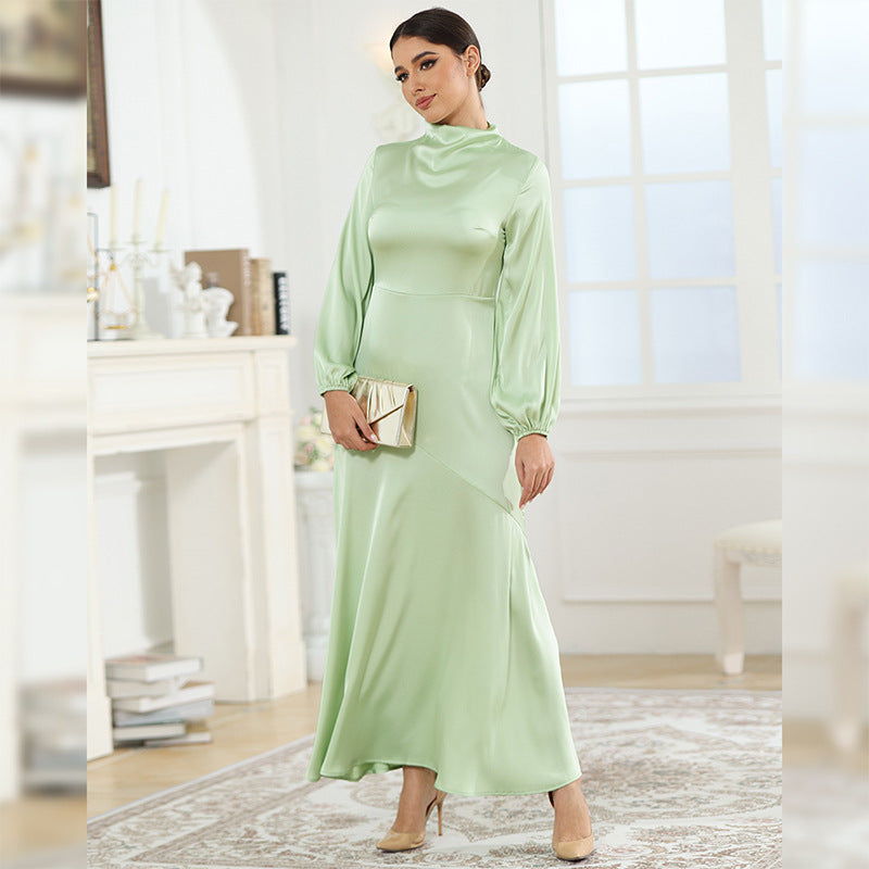 Modest High Neck Long Sleeve Satin Maxi Dress