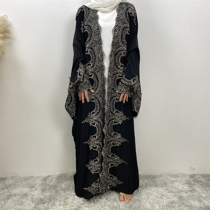 Lace Patchwork Batwing Sleeve Robe Open Abaya