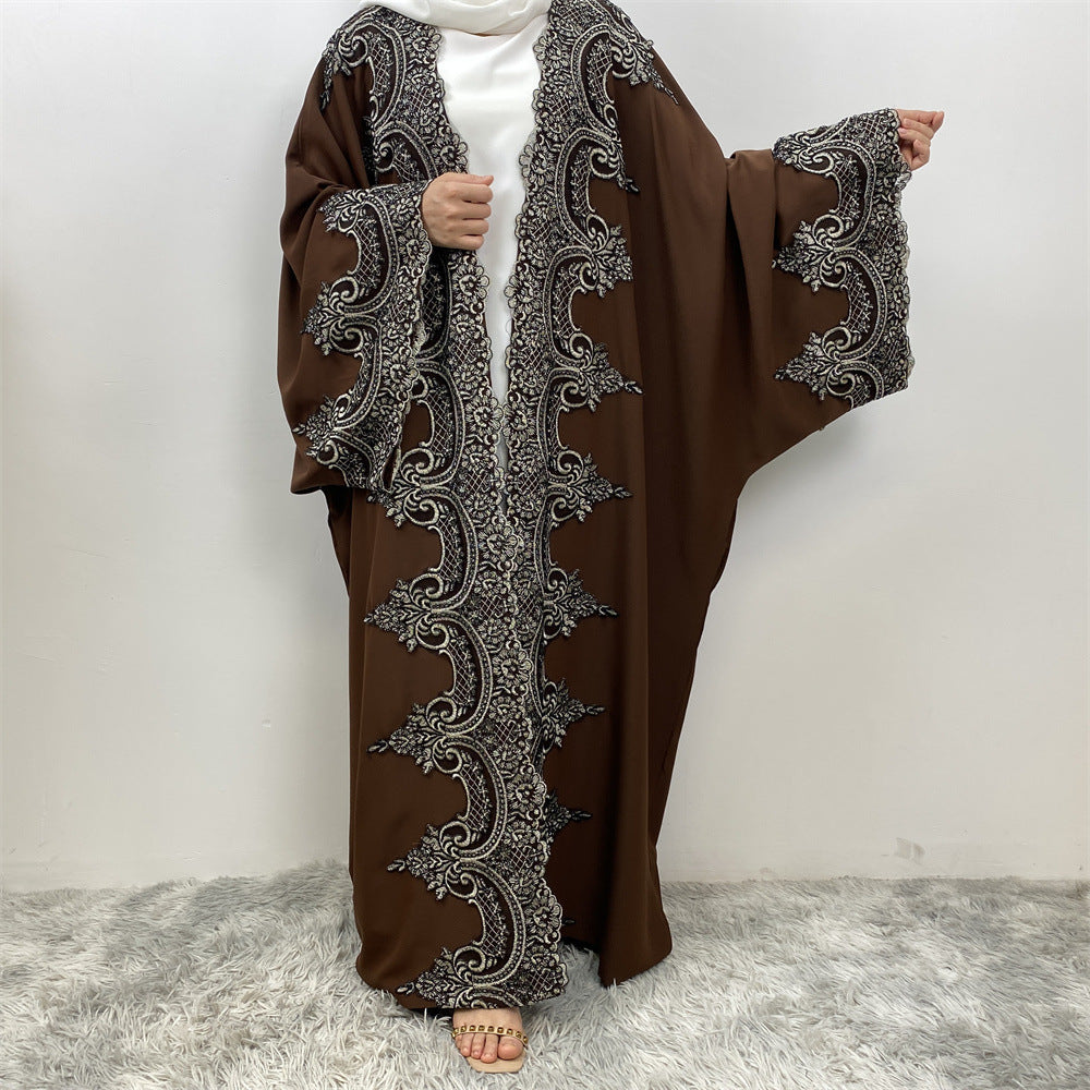 Lace Patchwork Batwing Sleeve Robe Open Abaya