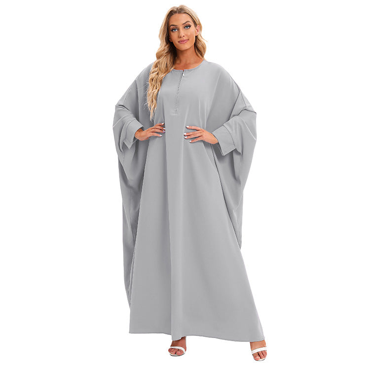 Plain Zipper Bat Sleeve Abaya Dress