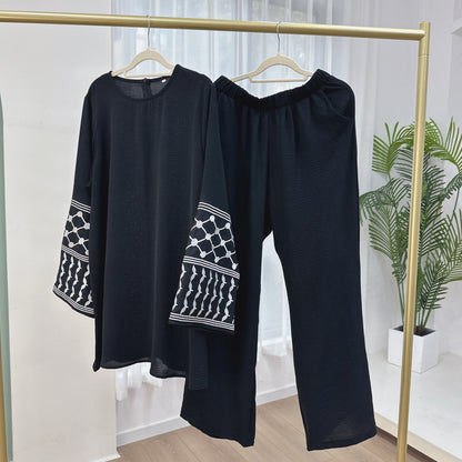 Two-Piece Set of Embroidered Blouse and Wide-Leg Pants