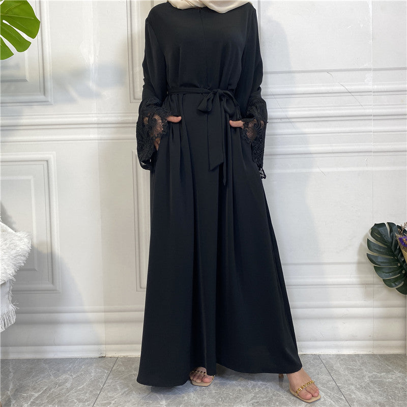 Modest Plain Floral Lace Zip-up Abaya Dress