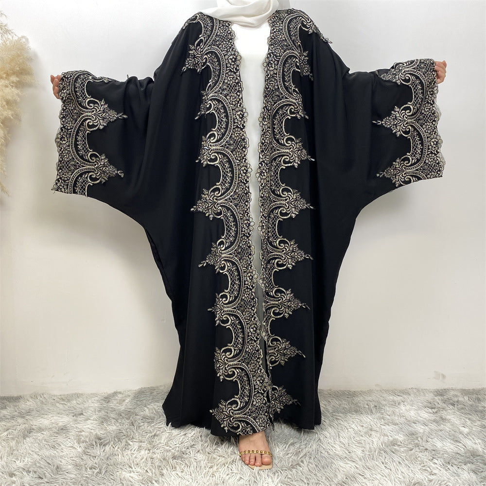 Lace Patchwork Batwing Sleeve Robe Open Abaya