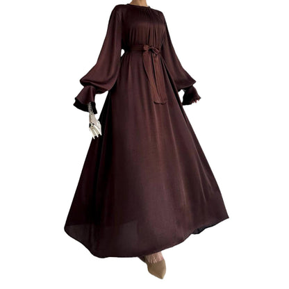 Women's Satin Waist Tie Elegant Abaya Dress