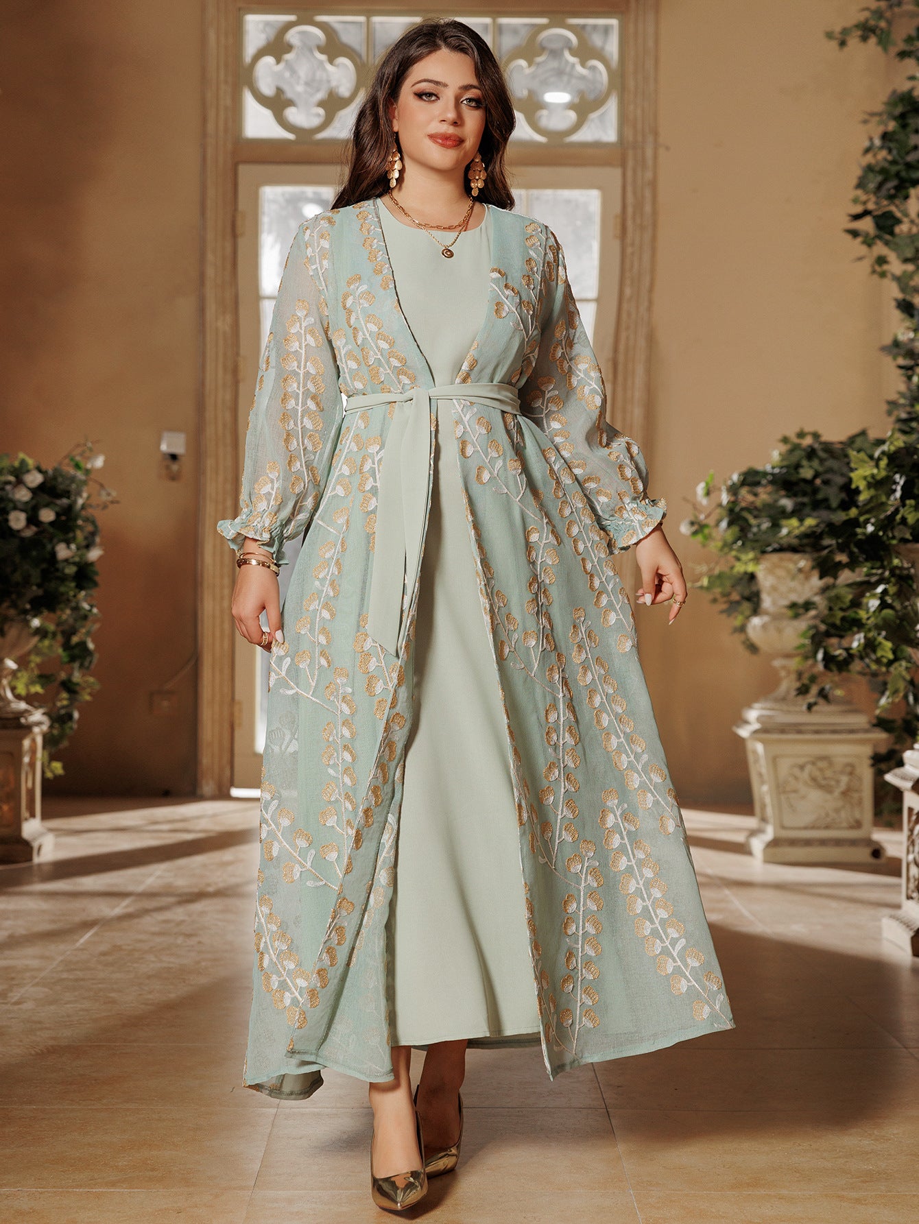 Elegant Long Sleeve Evening Dress - LightGreen