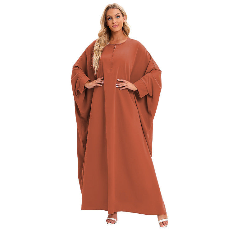 Plain Zipper Bat Sleeve Abaya Dress