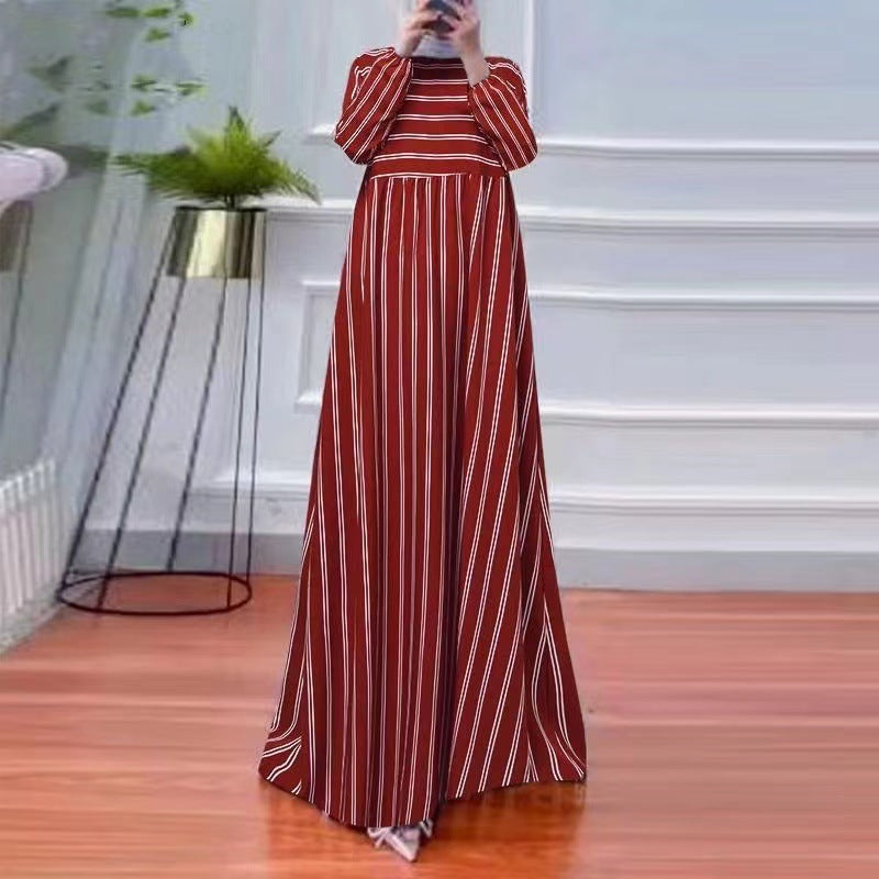 Women's Striped Loose Round Neck Long Sleeved Dress