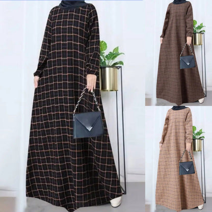 Women's Plaid Crewneck Modest Dress