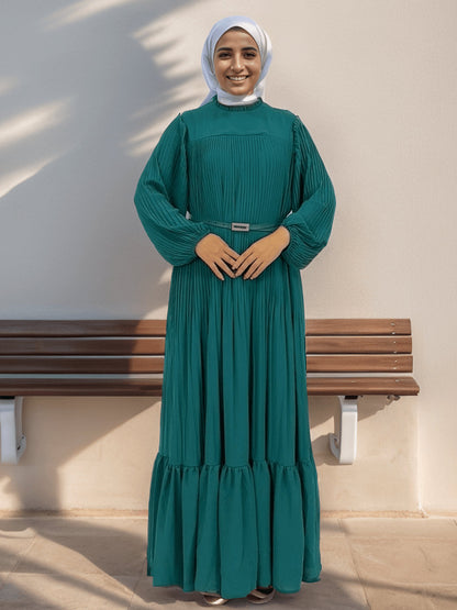 Muslim Black Green Pleated Abaya Dress