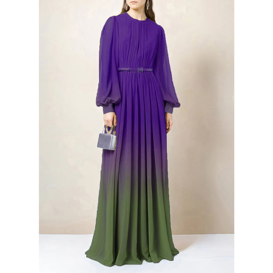 Gradient Chiffon Belted Abaya Dress - Purple