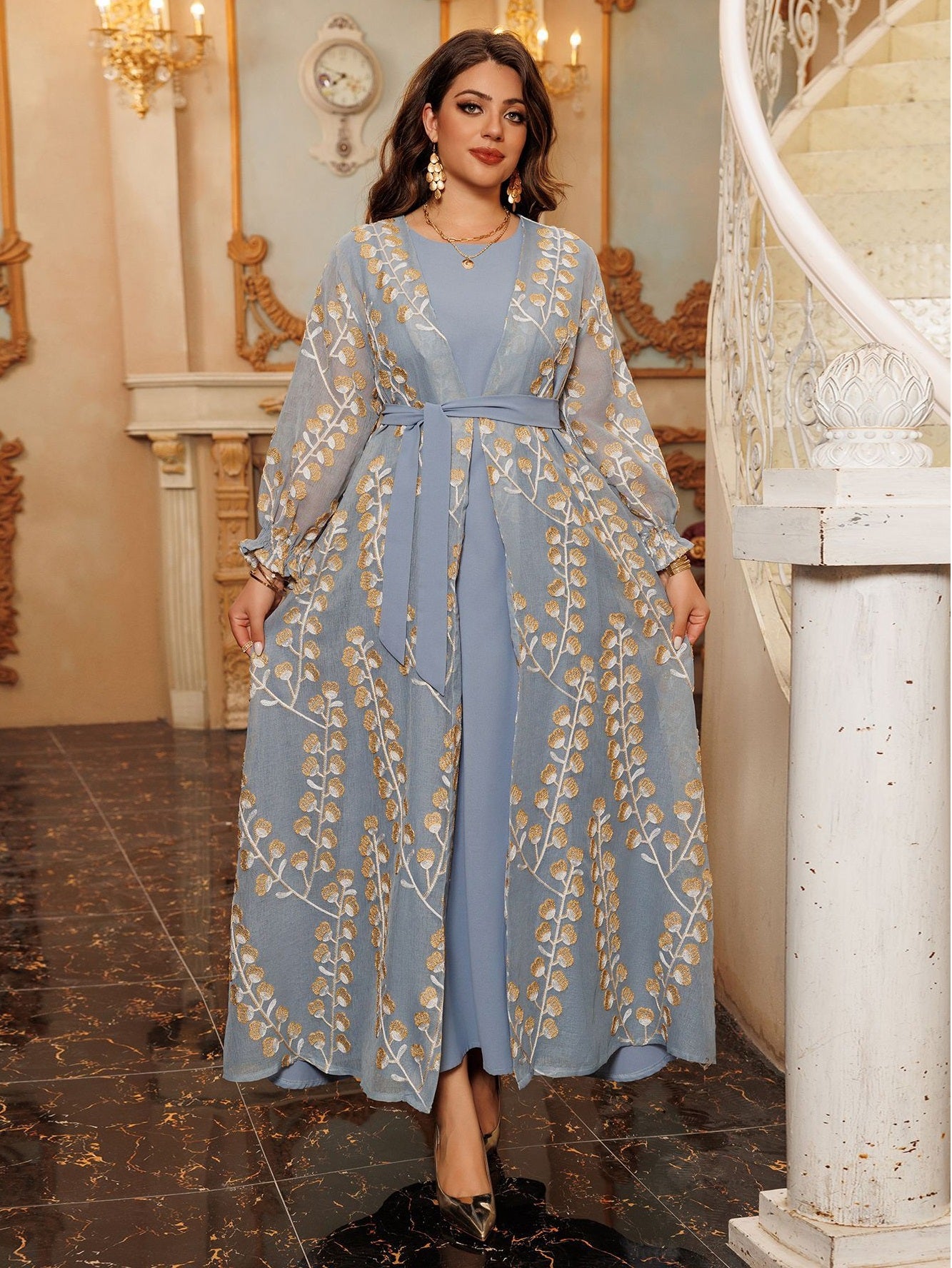 Elegant Long Sleeve Evening Dress - Blue