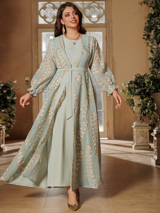 Elegant Long Sleeve Evening Dress - LightGreen