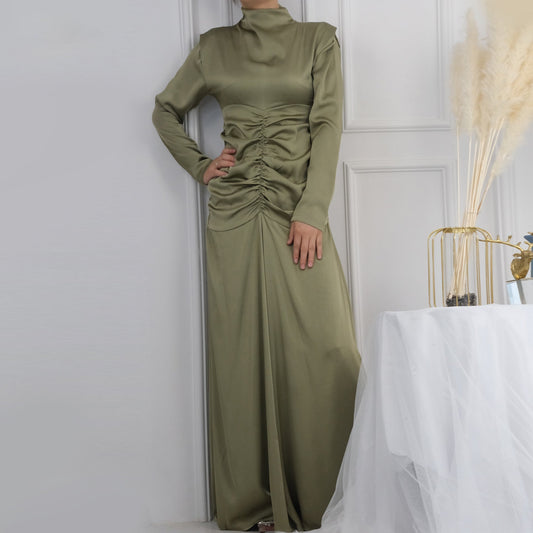 Modest Plain High Neck Pleated Abaya Dress